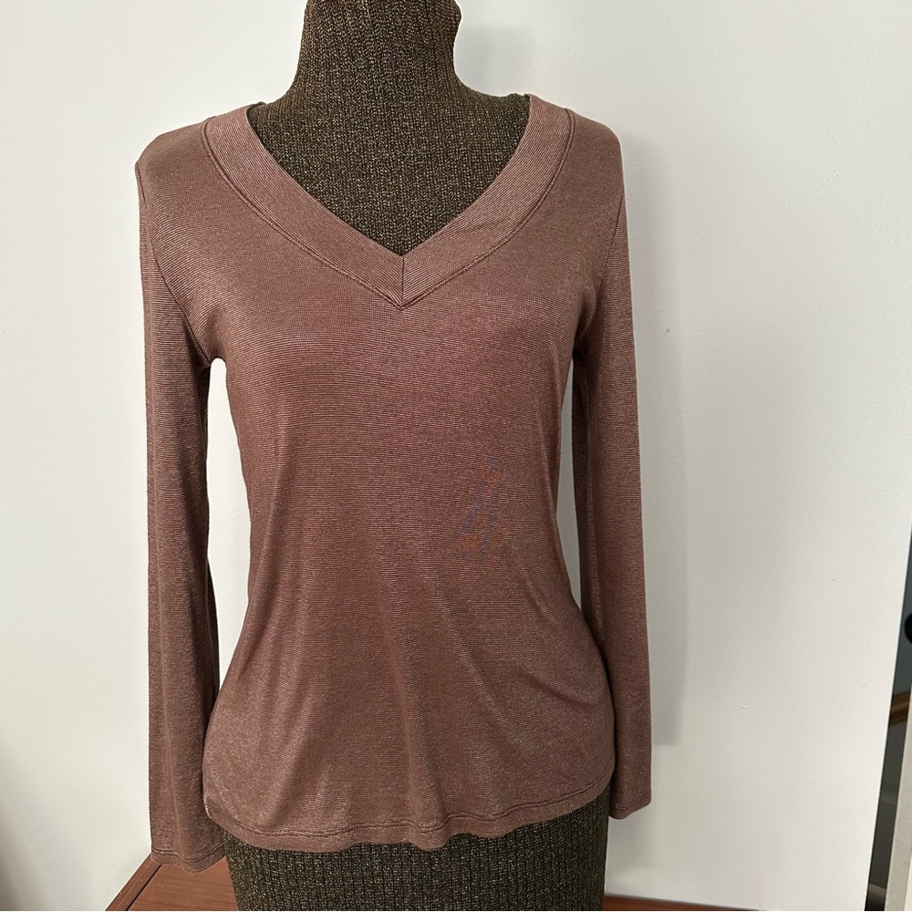 Brown Long Sleeve V-Neck Top